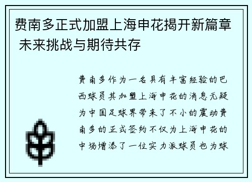 费南多正式加盟上海申花揭开新篇章 未来挑战与期待共存