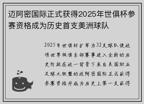 迈阿密国际正式获得2025年世俱杯参赛资格成为历史首支美洲球队 迈阿密国际正式获得2025年世俱杯参赛资格成为历史首支美洲球队