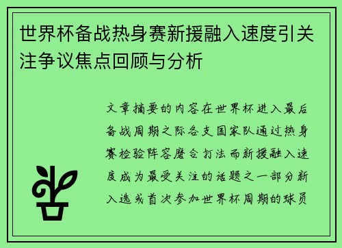 世界杯备战热身赛新援融入速度引关注争议焦点回顾与分析